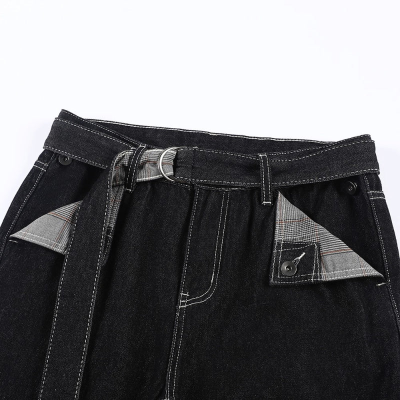Men's Black Denim Jeans with Plaid Pocket Detail