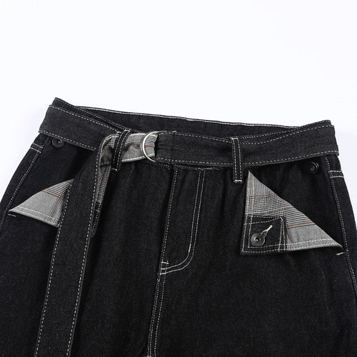 Men's Black Denim Jeans with Plaid Pocket Detail