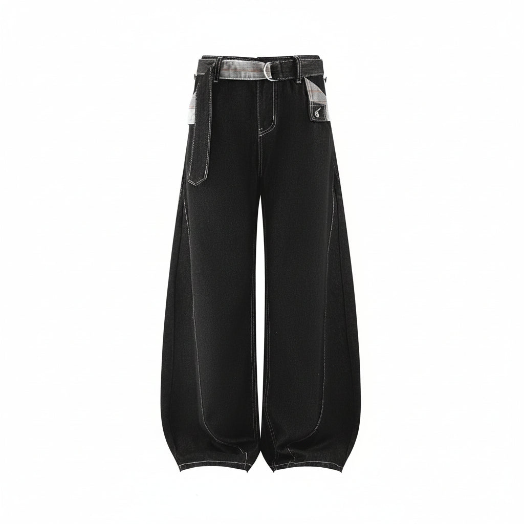 Men's Black Denim Jeans with Plaid Pocket Detail
