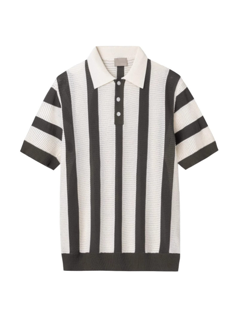 Men's Striped Knit Polo Shirt - Black & White
