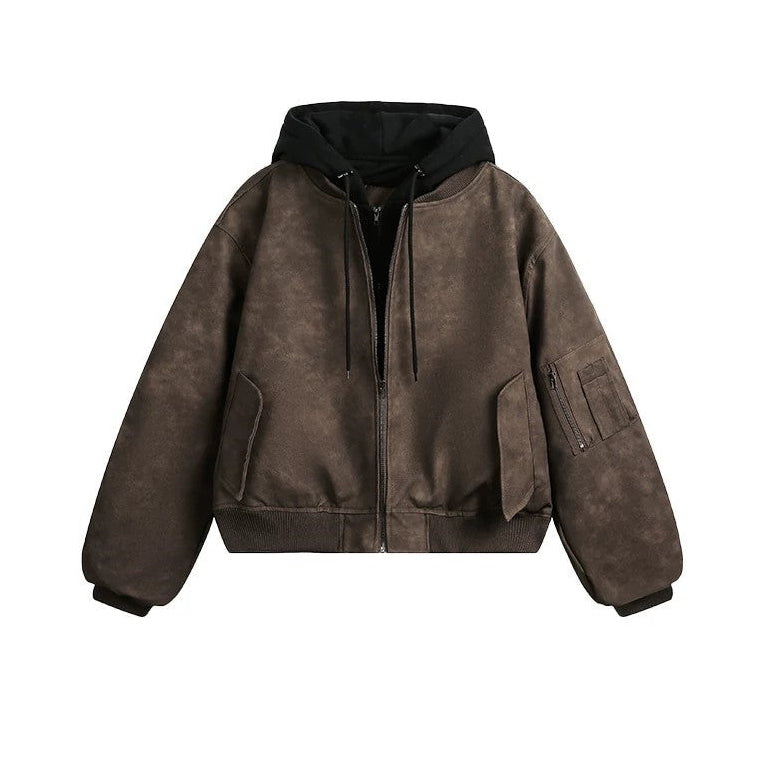 Men's Vintage Distressed Faux Leather Hooded Bomber Jacket