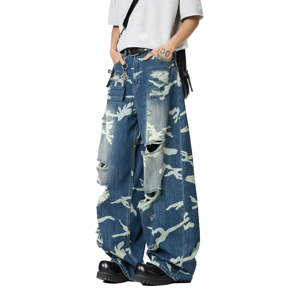 Men's Camo Print Distressed Baggy Jeans