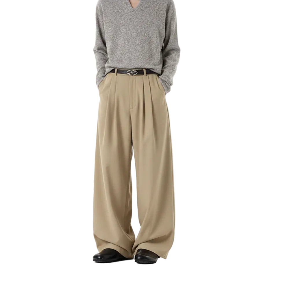 Men's Double Pleated Wide Leg Dress Trousers - Khaki