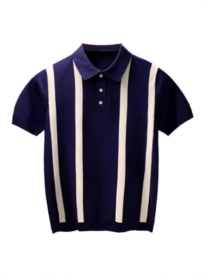 Men's Striped Knit Polo Shirt - Navy & Cream