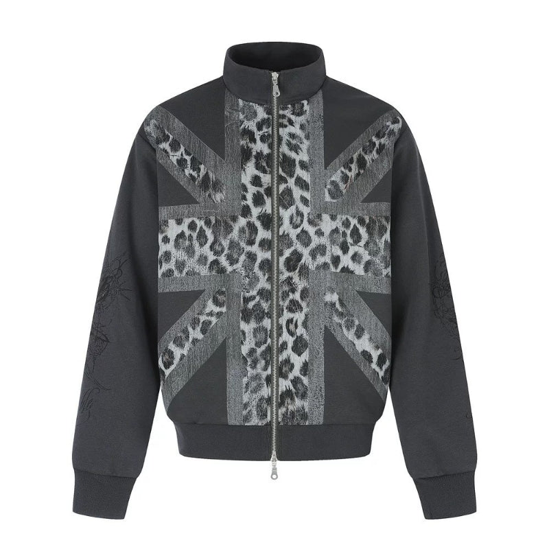 Men's Union Jack Leopard Print Zip-Up Track Jacket