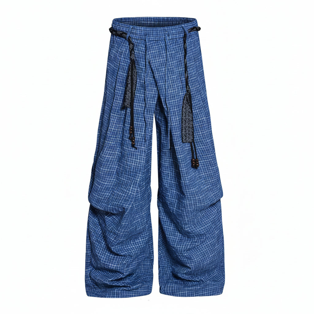 Men's Pleated Wide Leg Linen Trousers with Rope Belt