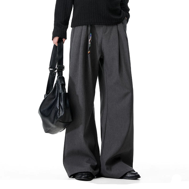 Men's Pleated Wide Leg Dress Pants with Charm Detail