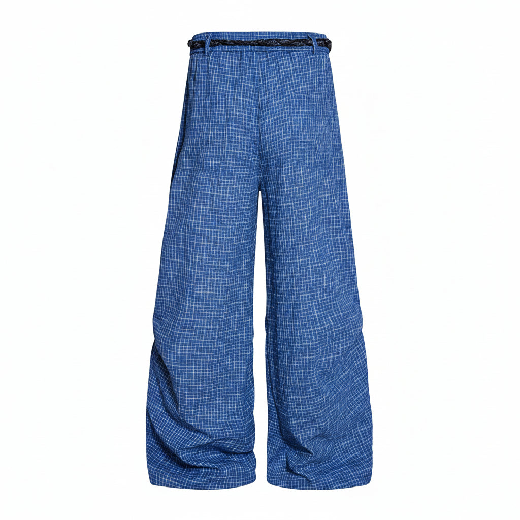 Men's Pleated Wide Leg Linen Trousers with Rope Belt