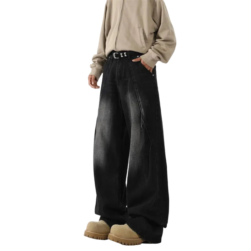 Men's Black Washed Baggy Jeans with Curved Seam