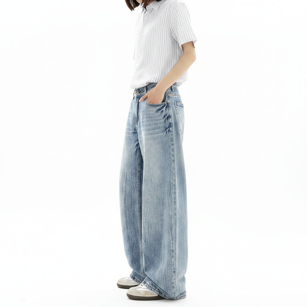 Men's Washed Baggy Wide Leg Jeans - Light Blue