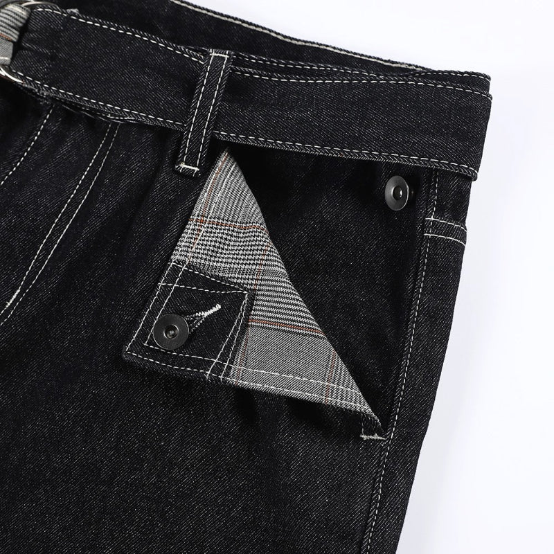 Men's Black Denim Jeans with Plaid Pocket Detail