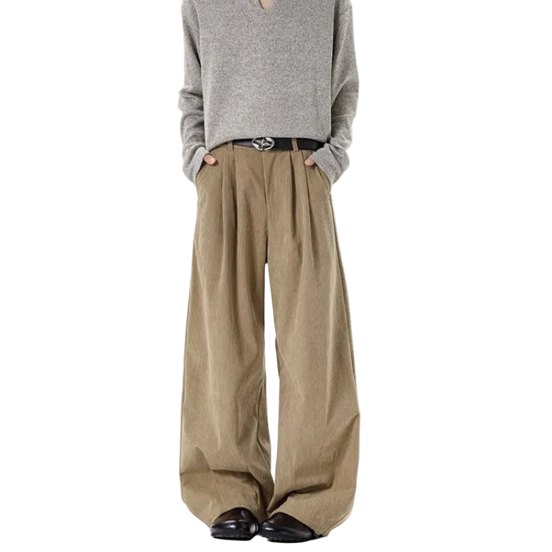 Men's Double Pleated Wide Leg Dress Trousers - Khaki