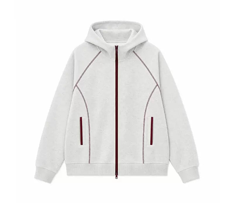 Men's Contrast Stitch Zip-Up Hoodie Jacket - White / Pink