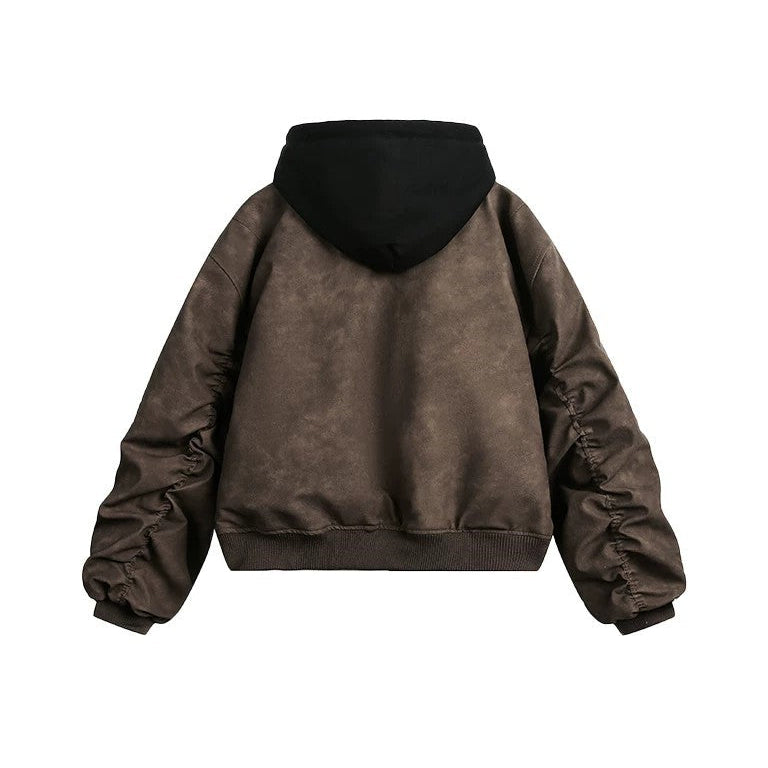 Men's Vintage Distressed Faux Leather Hooded Bomber Jacket