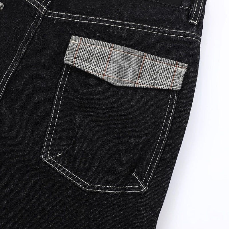 Men's Black Denim Jeans with Plaid Pocket Detail