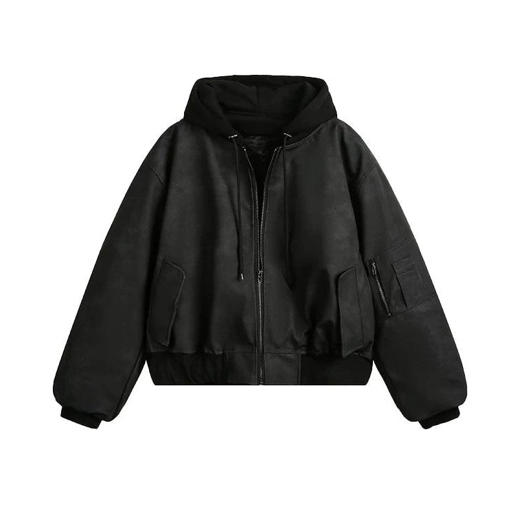 Men's Faux Leather Hooded Bomber Jacket - Black