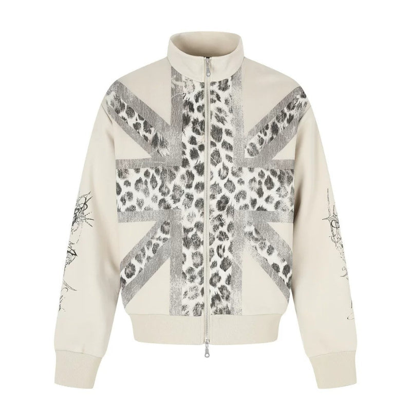 Men's Union Jack Leopard Print Zip-Up Track Jacket - Cream