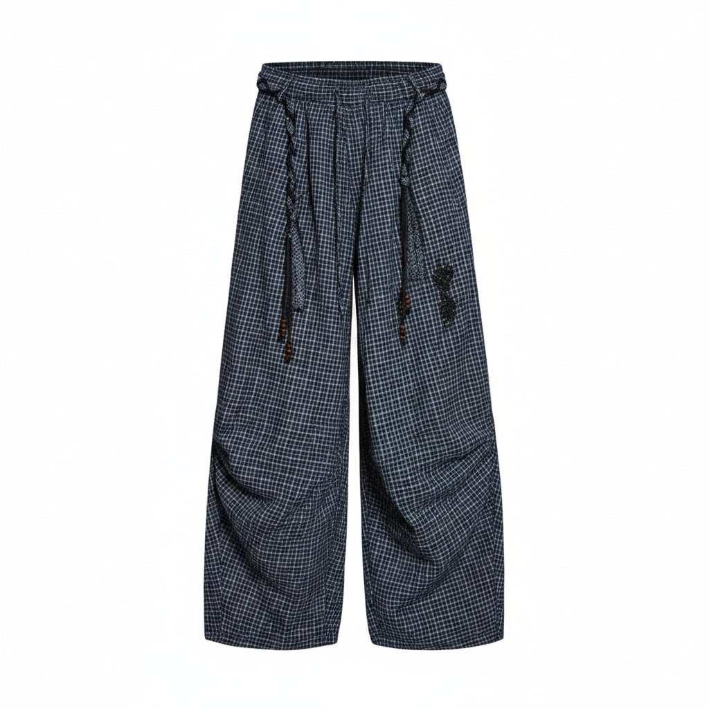 Men's Pleated Wide Leg Linen Trousers with Rope Belt - Navy Grid