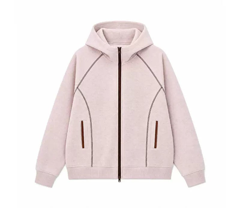 Men's Contrast Stitch Zip-Up Hoodie Jacket - White / Pink
