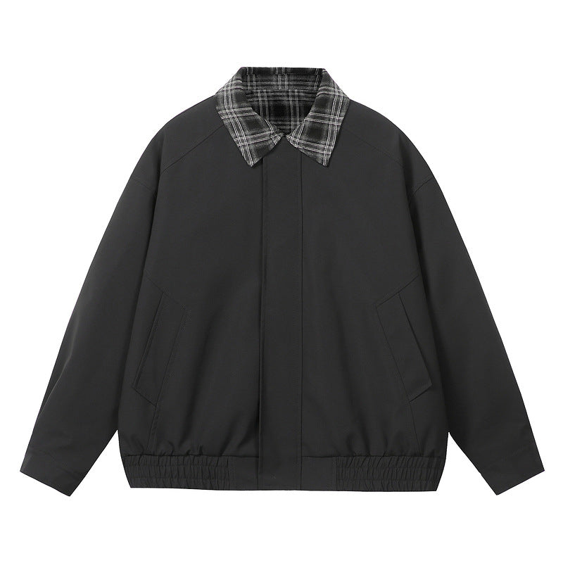 Men's Plaid Collar Zip-Up Harrington Jacket - Black