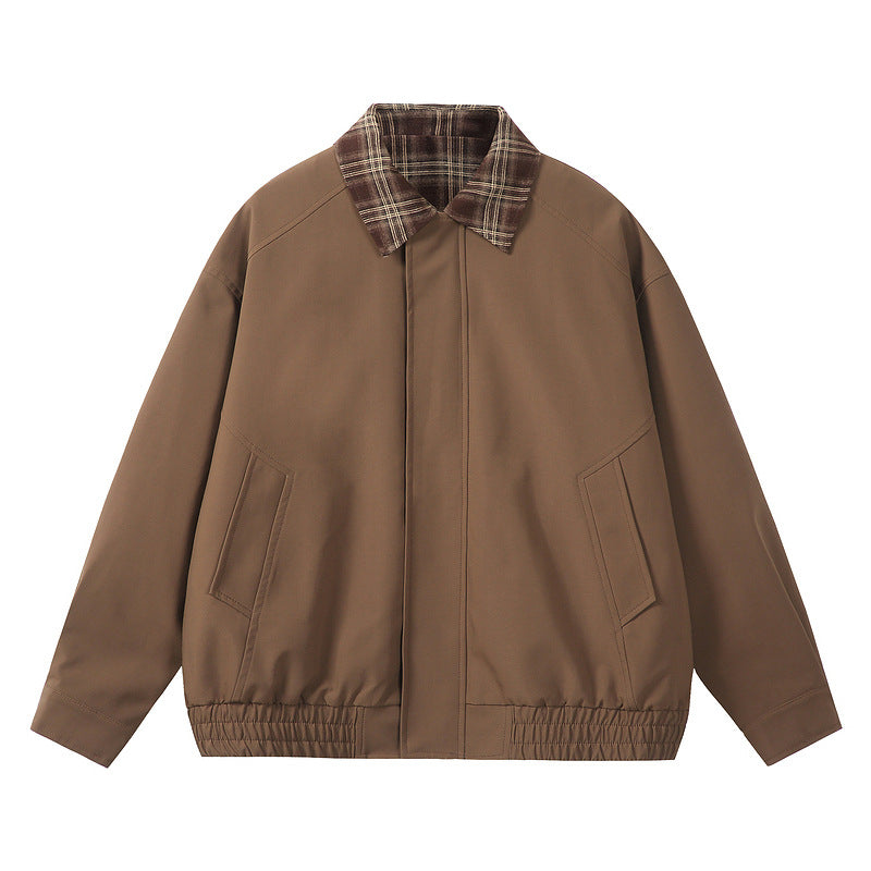 Men's Plaid Collar Zip-Up Harrington Jacket - Brown