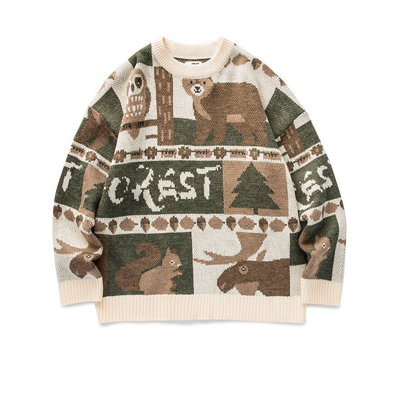 Men's Forest Animal Jacquard Knit Sweater - Cream